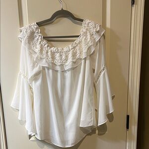 White House Black Market White Off-Shoulder Lace Yoke Blouse